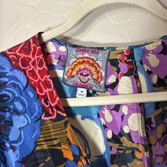 Johny Was patchwork floral print 3/4 bell sleeve true wrap dress tulip skirt - Picture 5 of 10